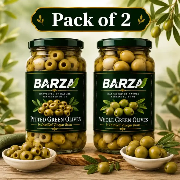 Barzaolives whole and pitted green olives combo pack, two 1kg jars